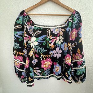 C&C California‎ Blouse Womens XL Black Floral Boho Linen Peasant Top Long Sleeve